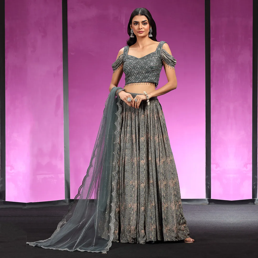 Unique Dark Grey Embellished Simple Yet Stylish Lehenga Set