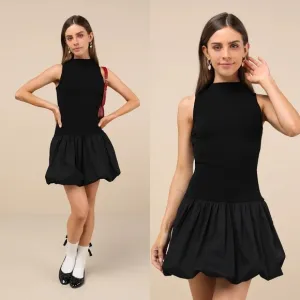 Very Cutesy Black Ribbed Mock Neck Bubble Hem Dress