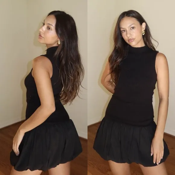 Very Cutesy Black Ribbed Mock Neck Bubble Hem Dress