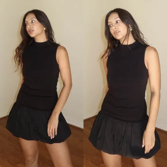 Very Cutesy Black Ribbed Mock Neck Bubble Hem Dress