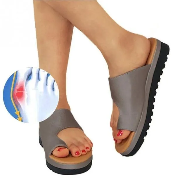 Women PU Leather Shoes Comfy Platform Flat Sole Ladies Casual Soft Big Toe Foot Correction Sandal
