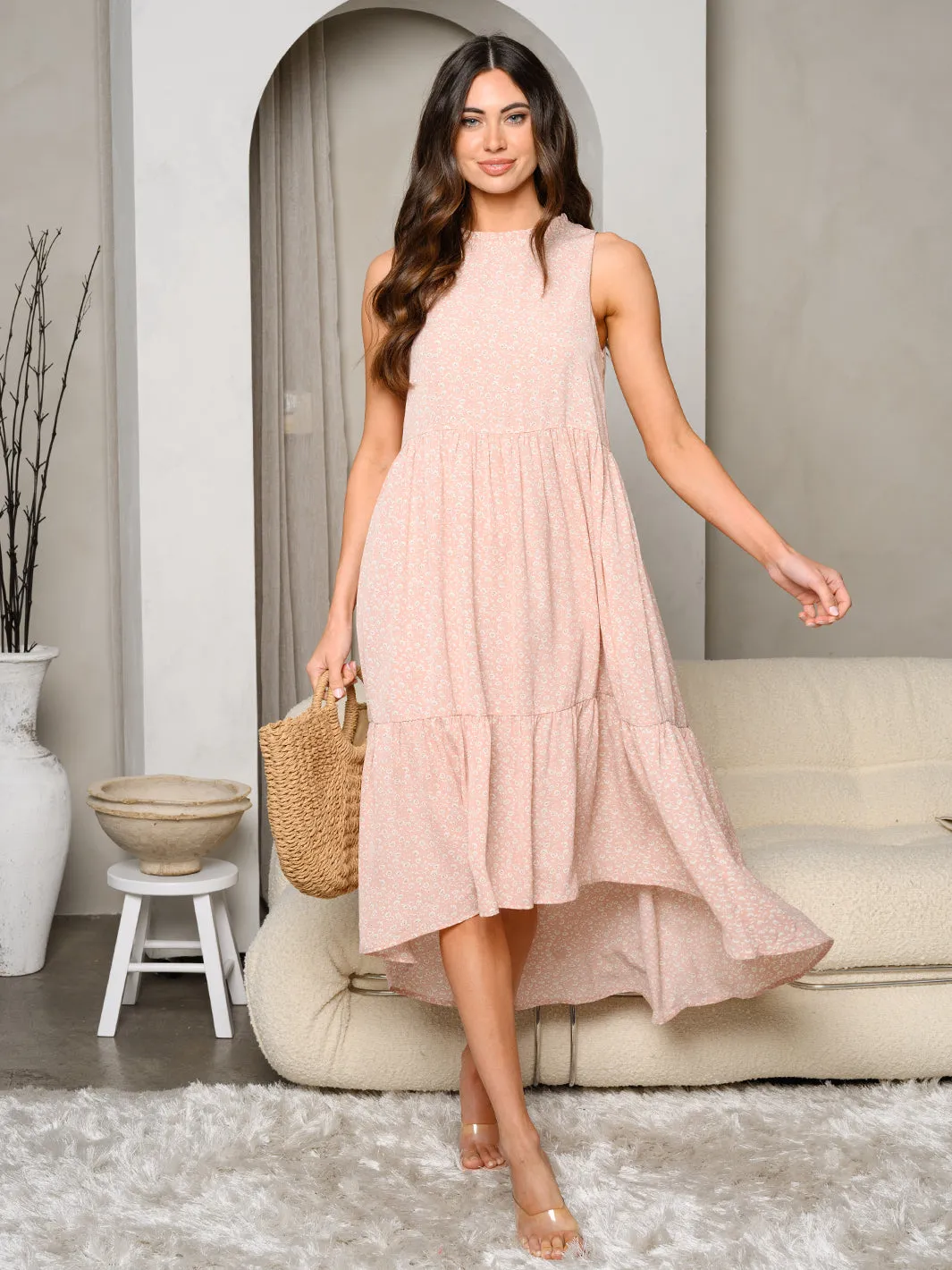 WOMEN'S SLEEVELESS TIERED HI LO FLORAL MIDI DRESS